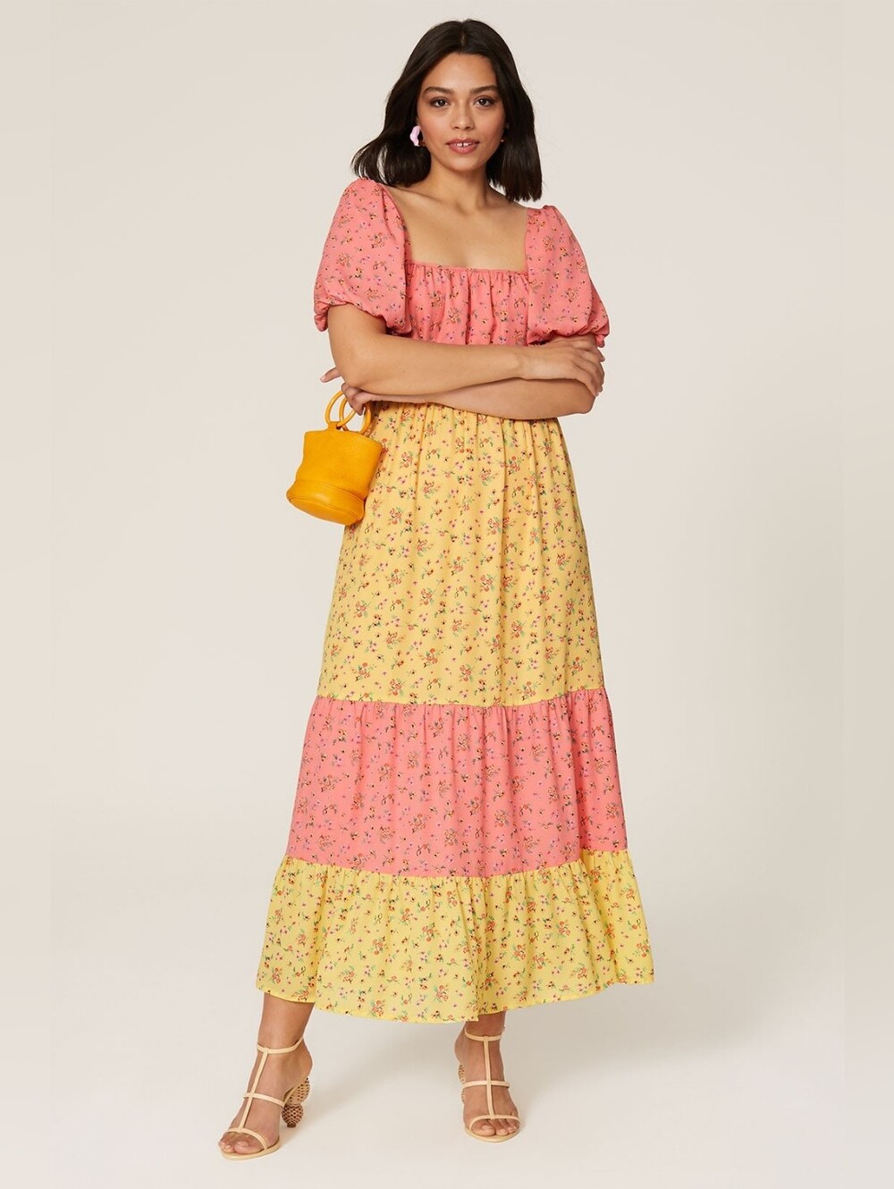 Color Me Courtney Cece Maxi Dress Pink Yellow Floral Cottagecore Puff Sleeve Siz